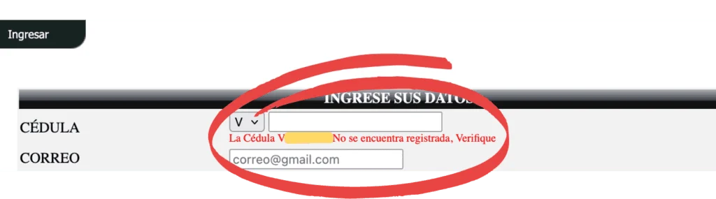 La cédula no se encuentra registrada verifique rojas extranjería